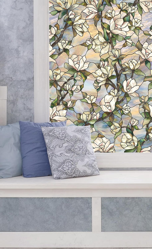Artscape Star Magnolia | Window Privacy Film Stained Glass Pattern| Non-Adhesive & UV Protection | Easy to Apply & Removable | 24 x 36 inches | Ma...