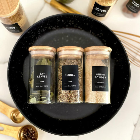 160 Spice Jar Labels: Minimalist Matte Black Sticker White Text. Waterproof Stickers. Organization for Jars Bottles Containers Bins. Storage Rack ...