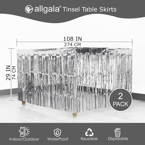 Allgala Silver Tinsel Table Skirt 2-Pack 29x108 Inch Metallic Foil Fringe Table Skirts for Party Event, Parade Float, Party Decoraton...