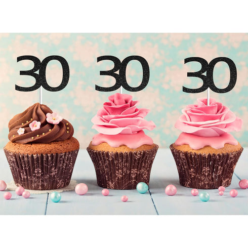 Sumerk 24PCS 30 Cupcake toppers Black Glitter 30th Birthday Cupcake Picks Anniversary Party Decorations...