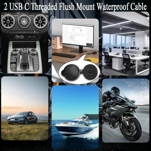 QIANRENON 2 USB C Threaded Flush Mount Waterproof Cable Dual USB C 2.0 Male to Female Car Dash Mount Extension Cable for Car Boat Truck Yacht Moto...