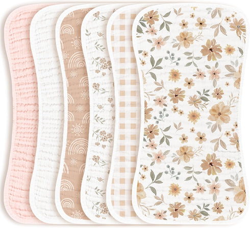 Konssy Muslin Baby Burp Cloths Sets for Unisex- 6 Pack Large 100% Cotton Adorable Printed Burping Clothes for Newborn, Baby Girls and Boys...
