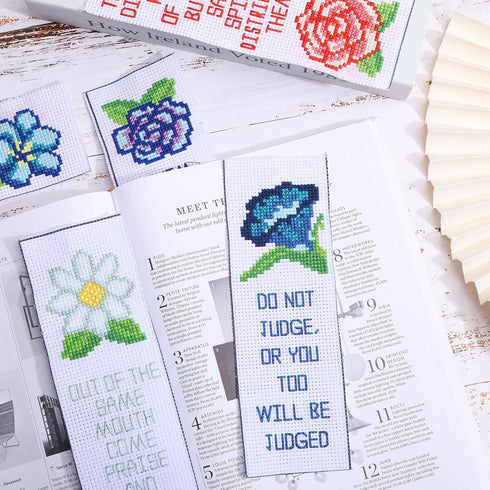 ORIGACH 6 Set Cross Stitch Bookmark Kit for Beginner Flower and Bible Verse Pattern DIY Stamped Embroidery Bookmark Kit with 19 Colors Embroidery ...