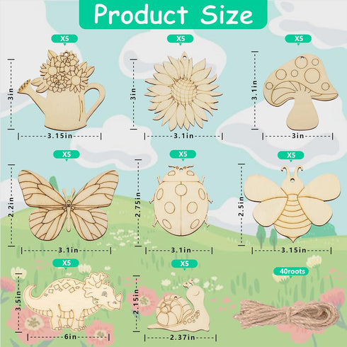 AurGun 40Pcs Unfinished Wooden Cutouts, Spring 8 Styles Wood Butterfly Flower Bee Slices, Blank Wooden Paint Crafts, DIY Wooden Paint Crafts for K...