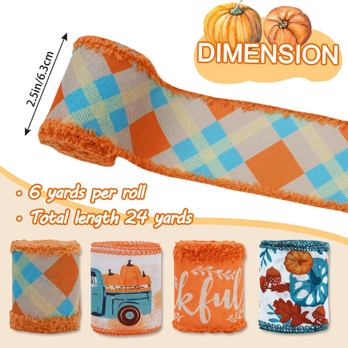 Fall Wired Edge Ribbon 24 Yards Autumn Pumpkin Truck Ribbon Orange Blue Plaids Thankful Fabric Craft Ribbon for Thanksgiving Wreath Bow Making DIY...