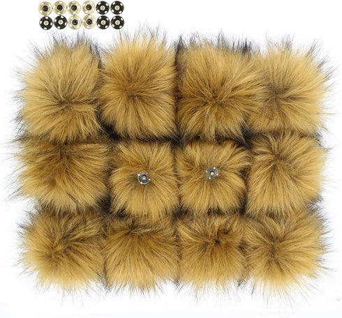 Furling Pompoms 12pcs Fluffy Faux Raccoon Fur Pompoms with Press Button for Knitted Hats Scarves Accessories 5.5 Inches(Camel)...