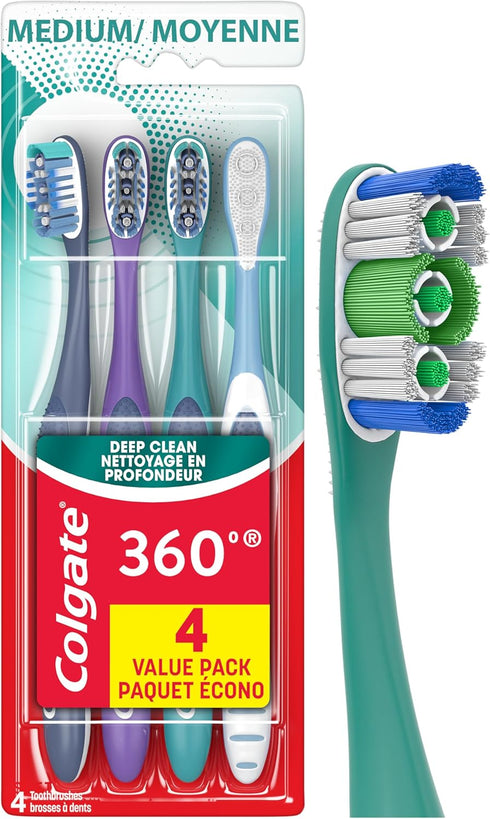 Colgate 360 Whole Mouth Toothbrush, Adult Toothbrushes Medium Bristles, Helps Remove Bad Breath Bacteria and Plaque, Medium Toothbrush Pack, Inclu...