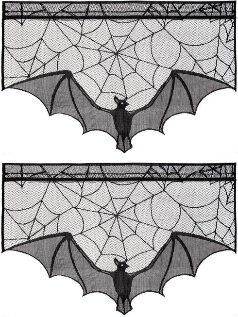 ANPHSIN Halloween Black Lace Spiderweb- 2 Pcs Bat Curtain Window Valance Cobweb Tablecloth Shower Curtains Fireplace Mantles Scarf Cover for Home ...
