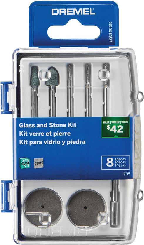 Dremel 735-01 Glass Etching Rotary Tool Accessories Kit - 8 Piece Set - includes Grinding Stones, Polishing Disc, and Diamond Drill Bit, Blue...