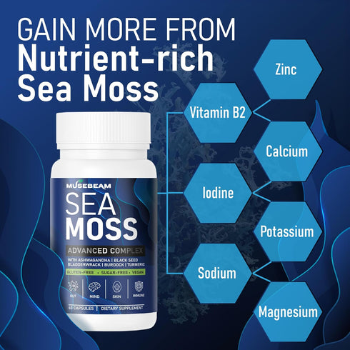 Organic Irish Sea Moss 6000mg - 2000mg Black Seed Oil Ashwagandha Burdock Root Ginger Capsules - Advanced Seamoss Vitamin Multi Mineral Complex Su...