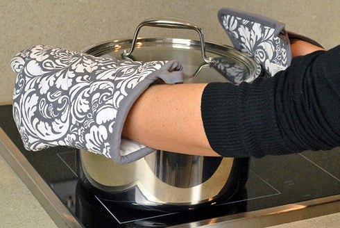 DII Quilted Kitchen Oven Mitt & Potholder Set, Hanging Loop for Convenient Storage, OM 6.5x12/PH 8x8.5, Gray Damask Print, 2 Piece...
