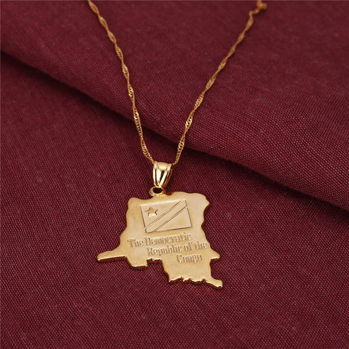 18K Democratic Republic of The Congo National Map Gold Plated DRC Kinshasa Pendant Necklace...