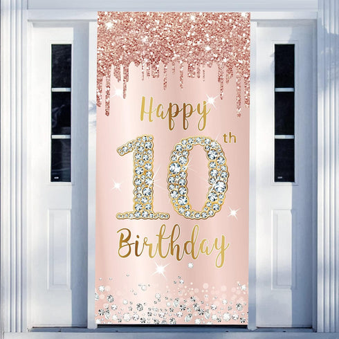 Happy 10th Birthday Door Banner Backdrop Decorations, Pink Rose Gold 10 Year Old Birthday Party Door Cover Sign Supplies, Large Ten Birthday Poste...