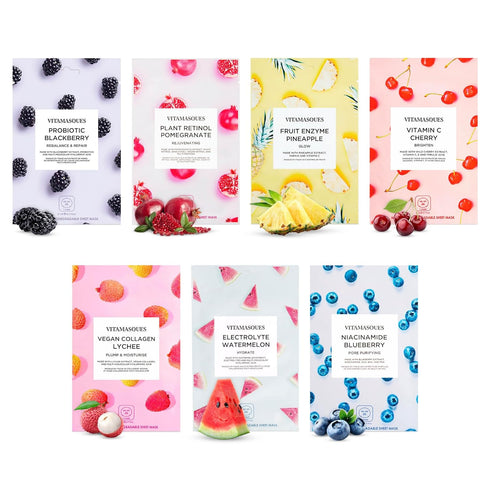 Vitamasques Face Masks Skincare Sheet Kit, 7-Pack - Juicy Collection of Triple-Layer Sheet Facial Masks - Pore Purifying, Brightening, and Hydrati...