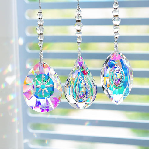 Crystal Suncatchers Hanging Crystals Rainbow 76mm Prisms Pendant with Chakra Beads for Window Indoor Outdoor Decor (Pack of 3)...