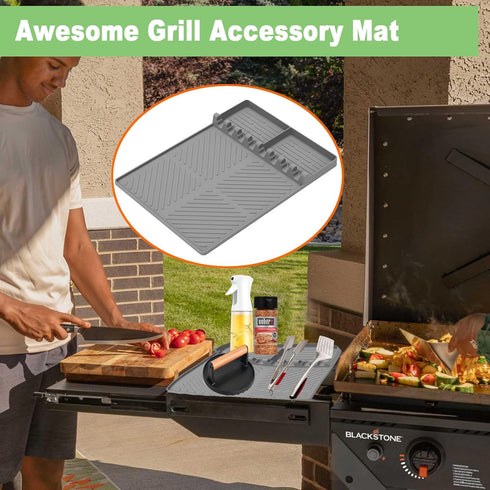 Silicone Grill Side Shelf Mat for Blackstone BBQ Grill, 3 in 1 Silicone Spatula Mat with Drip Pad,Large Silicone Utensil Rest for Multiple BBQ Gri...