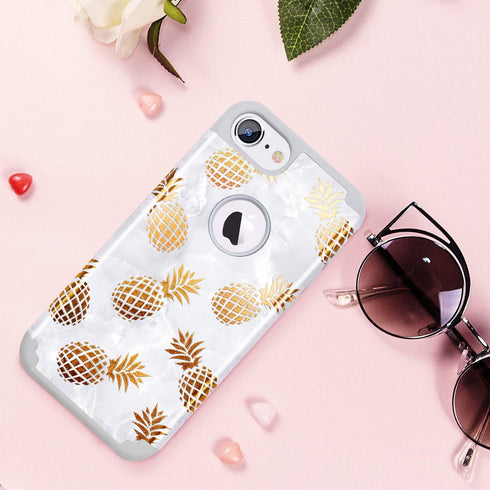 Fingic for iPhone 8 Pineapple Case,iPhone 7 Phone Case, Slim Golden Pineapple&Grey Marble Cute Pattern Cover for Girls Ladies Hard PC Soft Rubber ...