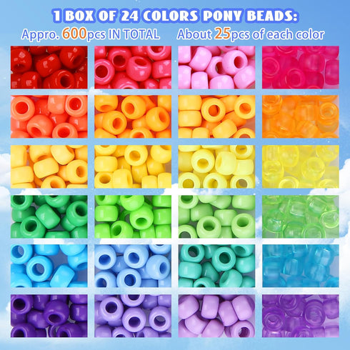 GREENTIME 700Pcs Pony Beads for Bracelet Making Kit, 600Pcs/24 Colors Plastic Rainbow Hair Bead and 100pcs Letter Beads Charms for DIY Craft Jewel...