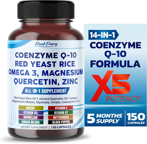 Coenzyme Q-10 200mg Red Yeast Rice 5000mg Quercetin 600mg Magnesium Malate, Glycinate, Citrate - Made in USA...