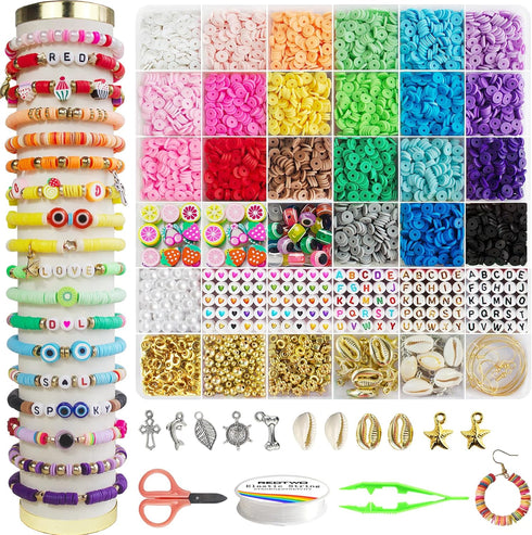 Redtwo 6200 Pcs Clay Beads Bracelet Making Kit, Flat Round Polymer Heishi Friendship Bracelet Jewelry Kit with Charms and Elastic Strings for Girl...