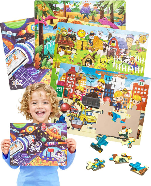 Wooden Puzzles for Kids Ages 3-5, 4 Packs 24 Pcs Wood Jigsaw Puzzles for Toddlers 2-4 4-6, Preschool Educational Brain Teaser Travel Toys Gifts fo...