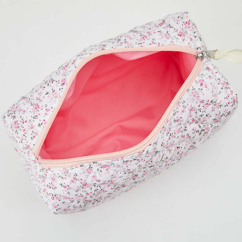 Quilted Cosmetic Bag for Women (Pink Flowers), Cotton Makeup Bag, Kawaii Cosmetic bag, Floral pouch, Floral cosmetic bag, Large Travel Toiletry Ba...