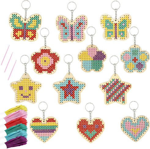 JHGCVX 12 Pcs Wooden Cross Stitch Keychain Kit?Make Your Own Cross Stitching Keyrings?Butterfly Flower Love Star Wood Cross Stitching Keyrings for...