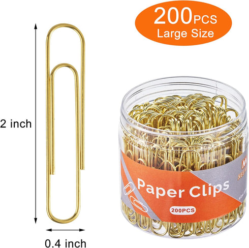 Gold Paper Clips, 200 Count Large Size, 2 Inch Jumbo Paperclips, Stylish Gold-Plated Paper Clip...