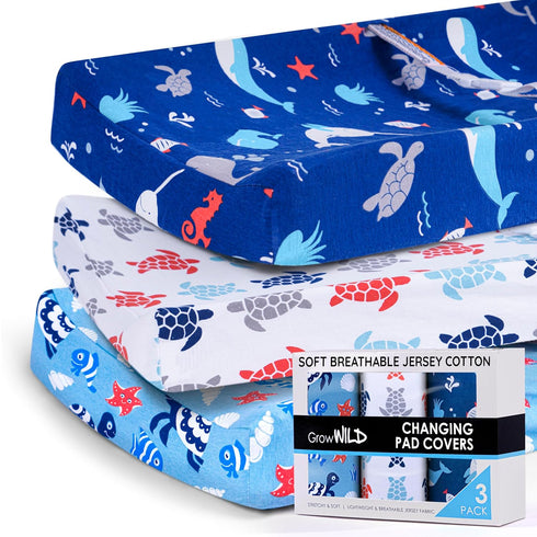 GROW WILD Changing Pad Cover 3 Pack | Soft & Stretchy Jersey Cotton | Baby Changing Table Pad Cover | Diaper Changing Pad Covers for Girls and Boy...