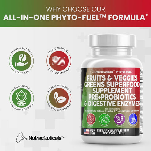 Clean Nutraceuticals Fruits and Veggies Supplement Reds & Green Superfood - Balance of Over 70 Fruit & Vegetable Supplements Capsules with Probiot...