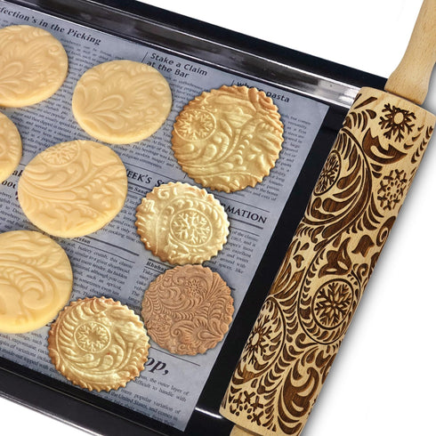 Embossed Rolling Pin for Baking, Cookie Embossing Rolling Pins with Flower Pattern Christmas Snowflake Paisley Wooden Engraved Dough Roller Clay P...