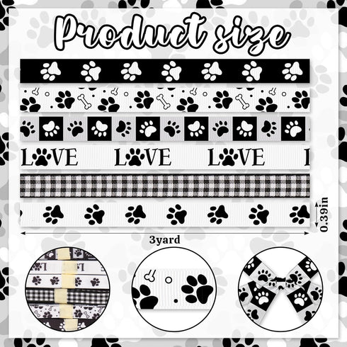 6 PCS Paw Print Grosgrain Ribbons 3/8" Black White Decor Ribbons 3 Yards, Dog Animal Paw Print Dog Bone Craft Ribbons for Dog Themed Party Favor D...