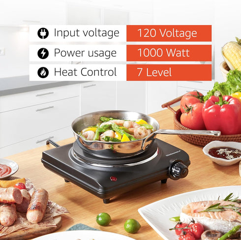 Elite Gourmet ESB-301BF Countertop Single Cast Iron Burner, 1000 Watts Electric Hot Plate, Temperature Controls, Power Indicator Lights, Easy to C...