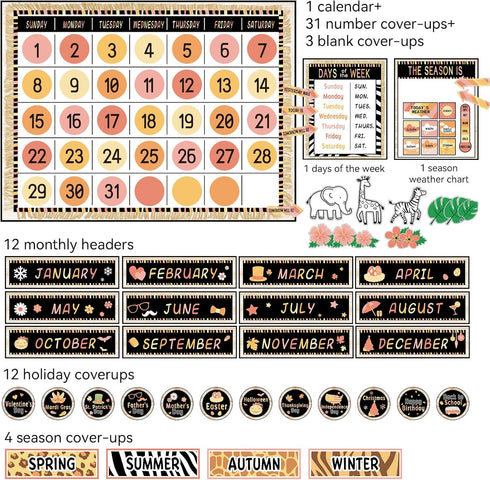Safari Jungle Animal Calendar Bulletin Board Set Simply CTP Bulletin Board Calendar Seasons Weather Chart Animal Classroom Decoration with Season,...