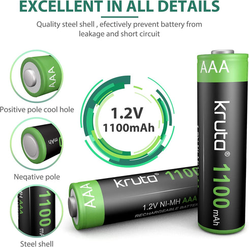 Kruta Solar Lights Batteries AAA 1100mah High Capacity 1.2V Ni-MH Rechargeable AA Solar Battery for Outdoor Solar Lights, Battery String Lights, T...