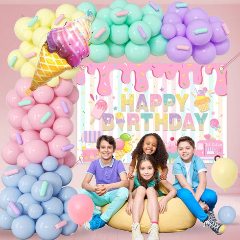 Ice Cream Themed Birthday Party Decorations for Girls,Balloon Garland Arch Kit with Happy Birthday Backdrop - Complete Party Supplies for Kids’ Sw...