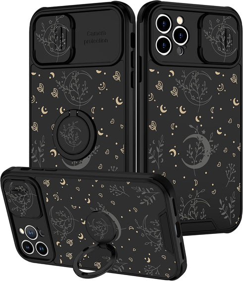 Goocrux (2in1 for iPhone 12 Pro Case Moon Plants for Women Girls Cute Phone Cover Flower Heart Stars Space Design with Slide Camera Cover+Ring Hol...