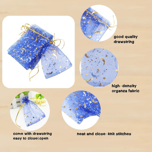 100 Pack 7x9 Inch Moon Star Organza Jewelry Gift Pouch Candy Pouch Drawstring Wedding Favor Bags MS17 (royalblue)...
