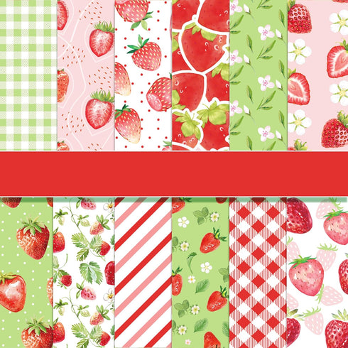 VIVIQUEN 24 Pack Sweet Strawberry Pattern Double-Sided Paper, 12-inches Fruit Plaid Textured Scrapbook Paper Craft Paper Folded Flat for DIY Backg...