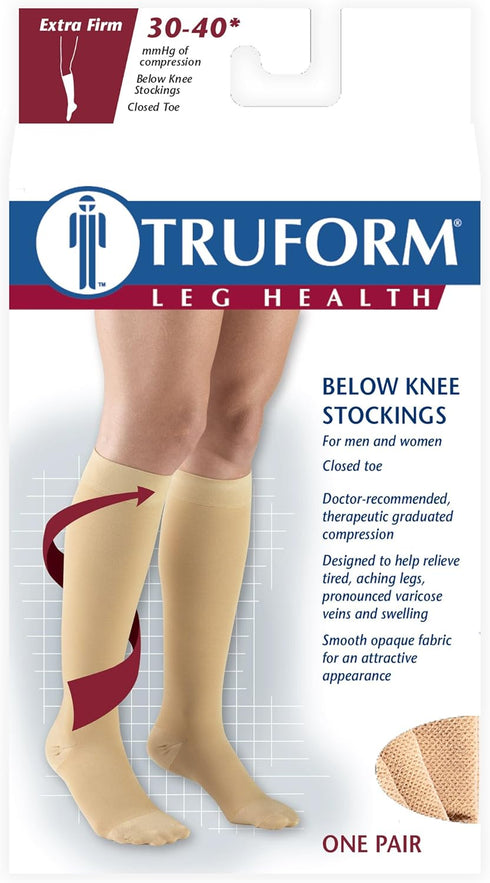 Truform 30-40 mmHg Compression Stockings for Men and Women, Knee High Length, Closed Toe, Beige, 3X-Large...