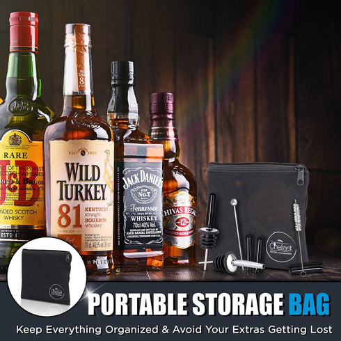 Bottle Pourers Set: 8 Stainless Steel Pour Spouts, 10 Long Dust Cap, 2 Cocktail Picks, Brush and Storage Bag - Metal Toppers for Liquor Spout Pour...