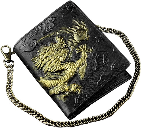 Mens 3D Dragon Vintage Luxury Leather Wallet ID Card Holder Purse w/Chain...