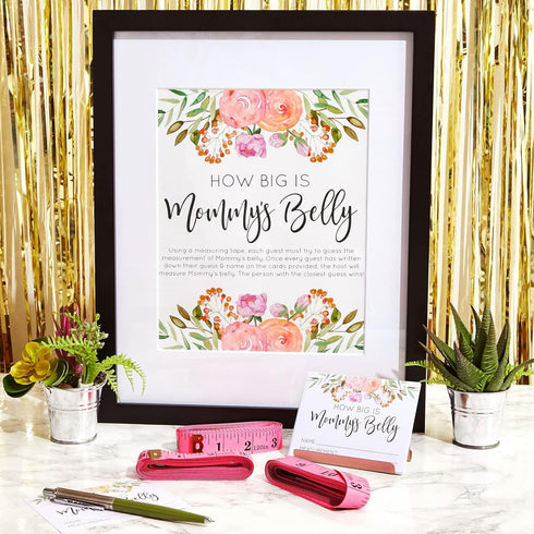 Sparkle and Bash Baby Shower Measuring Game - Pink 28-Piece Set - How Big is Mommy’s Belly with 24 Guess Cards, 3 Pink Tapes & Sign for Moms-to-Be...