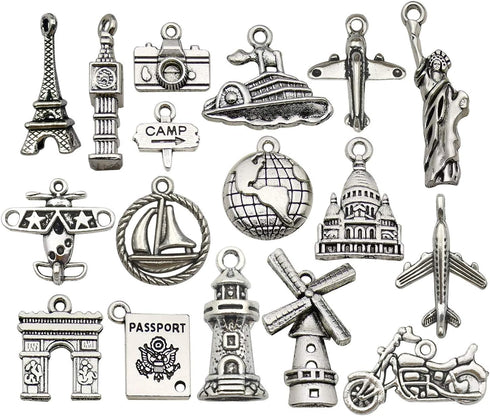 WOCRAFT 50pcs Wholesale Bulk Lots Travel Charms for Jewelry Making Mixed Smooth Tibetan Silver Metal Charms Pendants DIY for Jewelry Making Neckla...