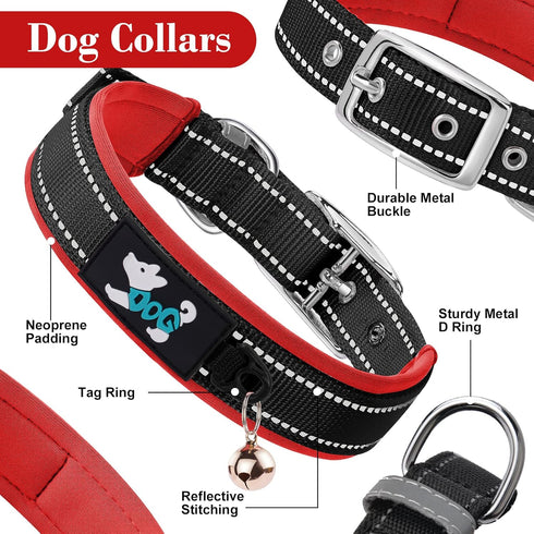 AUAUY Nylon Dog Collar, Pet Dog Reflective Collar, Ultra Soft Neoprene Padded, Adjustable Reflective Stitching Pet Collar with Durable Metal Buckl...
