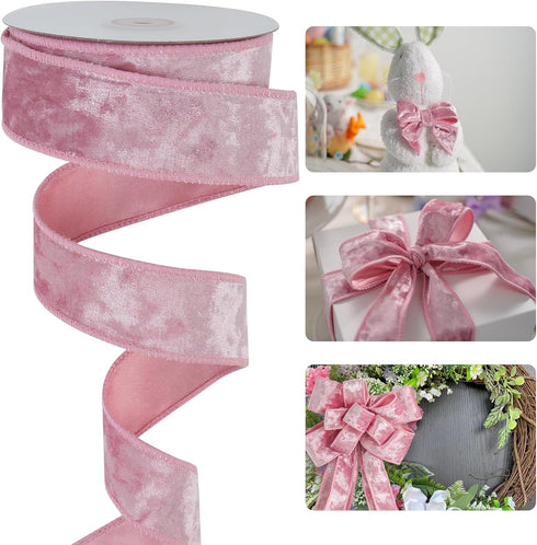 HUIHUANG Pink Velvet Wired Ribbon 1-1/2", Light Pink Velvet Wire Ribbon for Easter Wreath Supplies, Bows Making, Garland, Gift Wrapping, Spring De...