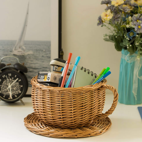 Wicker Saucer Coffee Mug Cup Decorative Gift Basket Desk Organizer...