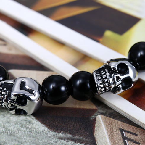 Flongo Men's Biker Stainless Steel Skull Skeleton 8MM Black Bead Stone Bracelet...