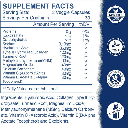 Nature's live Hyaluronic Acid Supplements, 850mg High Bioavailable Dietary Hyaluronic Acid Capsules, Double Strength Skin Hydration, Joint Lubrica...