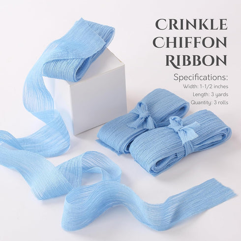 Blue Ribbon Crinkle Chiffon 1 1/2 Inch Handmade Tulle Fabric Silk Ribbon for Flower Bouquet Wedding Decor Gift Wrapping 3 Rolls 9 Yd...